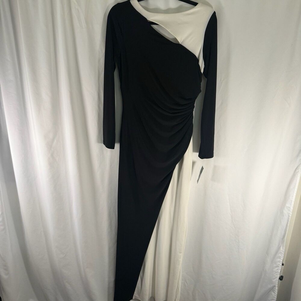 New Lauren Ralph Lauren Maxi Dress Women's 8 Black White Long Sleeve Stretch